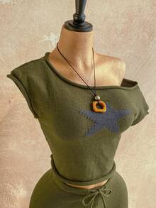 Soleia 女士五角星提花斜肩上衣和抽绳腰短裤休闲两件套 - 軍綠色 - 查看 3