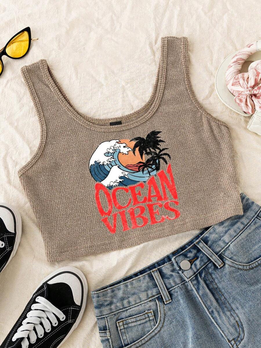 INAWLY Women's Casual Sleeveless Tank Top With Wave, Coconut Tree And Slogan Print, Summer - Khaki - View 1