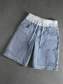 ROMWE MEN Street Life Celana Pendek Denim Kasual Pria dengan Pinggang Warna Kontras, Musim Panas - Grey - View 4