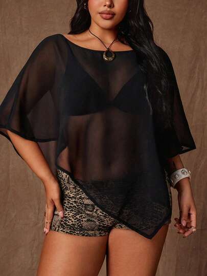 Rustia Plus Size Women's Solid Black Chiffon Cover Up, Loose Comfortable Split Sheer Versatile Cover Up, Fashionable Summer Shirt