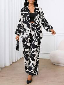 SHEIN Lady 2pcs Women Casual All-Over Print Long Sleeve Shirt And Pants Set - Black and White - View 4