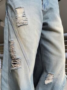 Ngobest Haus Ngobest Haus 1 pieza Pantalones vaqueros de pierna ancha con estilo japonés y parches desgastados para hombres, pantalones casuales largos sueltos con lavado vintage y rotos (no incluye cinturón ni accesorios) - Azul - Ver 3