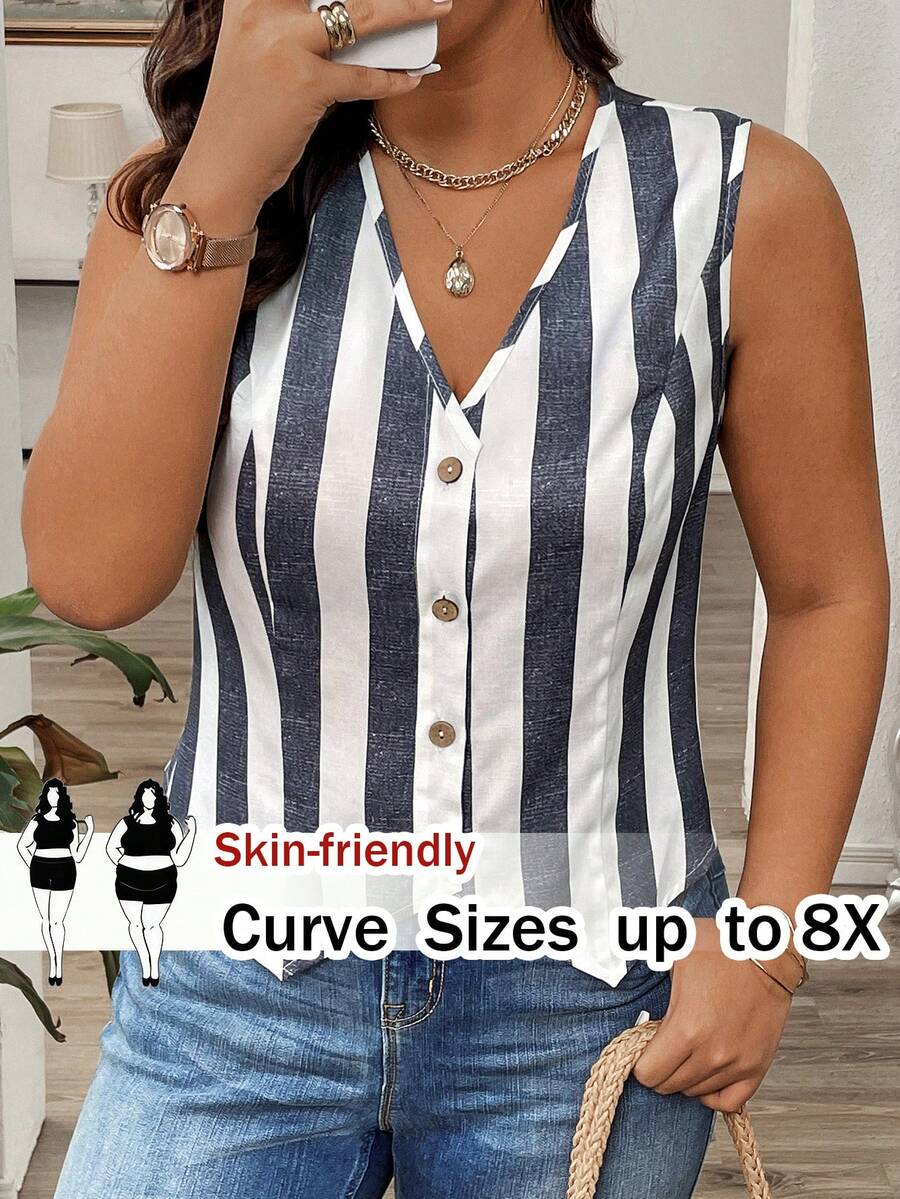 SHEIN CURVE+ 大码休闲条纹轻薄西装背心 - 彩色 - 查看 1
