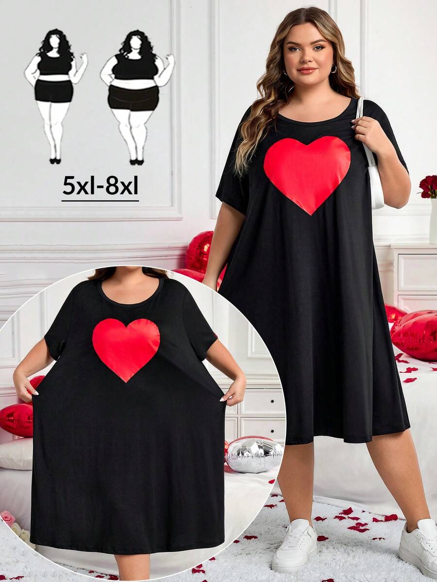 SHEIN CURVE+ CURVE PLUS /Valentine's Day/Plus Size Comfortable Stretchy Long Short Sleeve Black Casual Dress, Versatile For Summer - Black - View 1