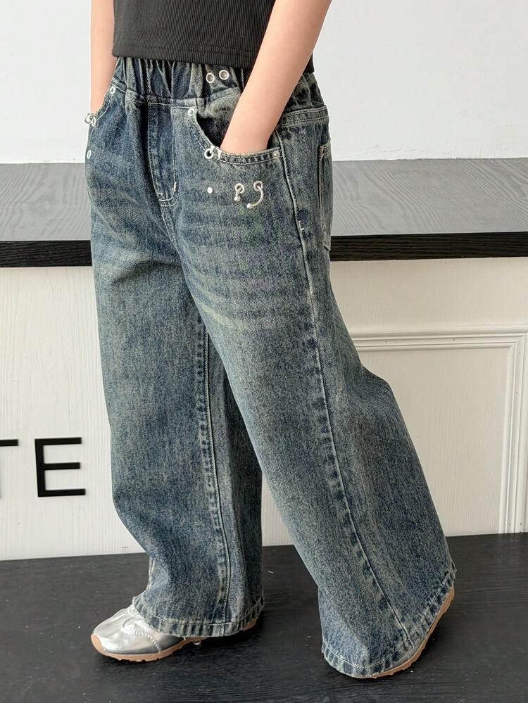 Young Girls Rivet Casual Street Style Washed Denim Jeans