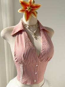 Elamini Women's Pink Striped Deep V-Neck Backless Side Splice Frill Trim Button Design Fitted Sexy Sweet Beach Vacation Blouse - Pink - View 1