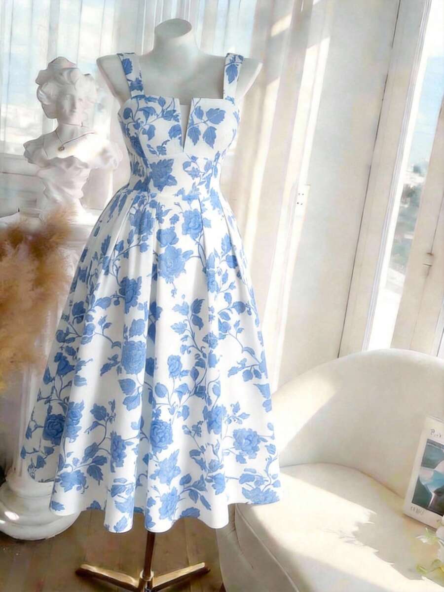 SHEIN MOD 大码优雅印花无袖连衣裙 - 藍白色 - 查看 1