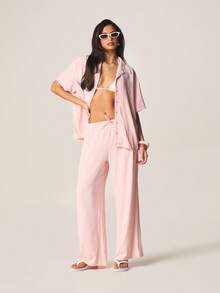 MISSGUIDED 宽松款纽扣沙滩罩衫，系带腰身，亚麻质感，短袖，夏季度假泳池叠穿上衣 - 粉色 - 查看 3