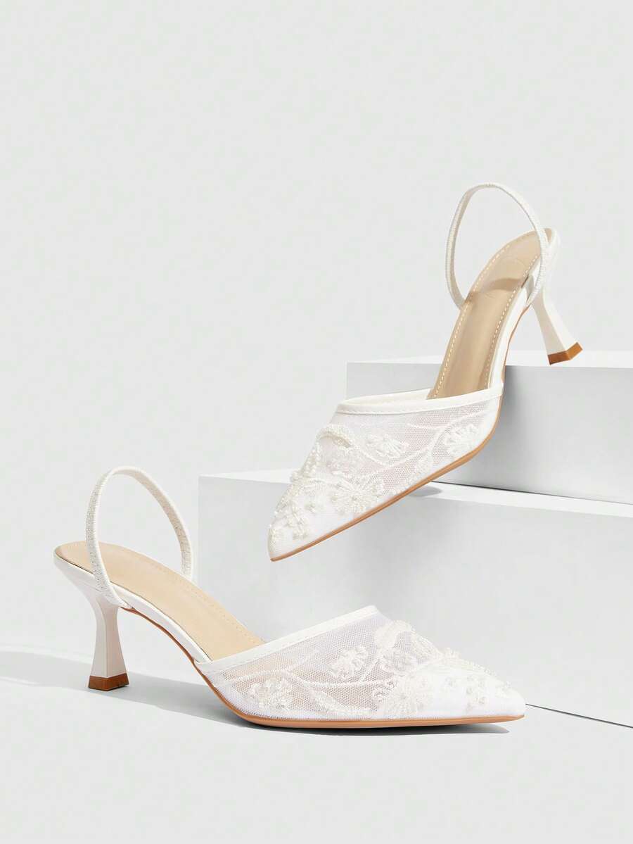 CUCCOO SZL Pointed Toe Mesh Embroidered Women's High Heel Pumps, Wedding Party Bridal High Heels, Elegant Platform Sandals - White - View 1