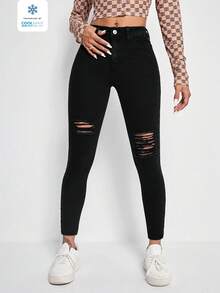 SHEIN ICON 高腰做旧纯色休闲时尚百搭牛仔裤 - 黑色 - 查看 4