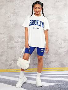 SHEIN 2pcs/Set Teen Girl Printed Drop Shoulder T-Shirt And Contrast Color Shorts,Kids - Blue - View 3
