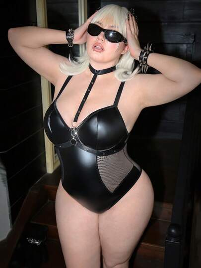 2件套朋克系列加大码镂空网纱拼接连体衣内衣套装