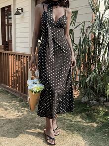 Livesso V-Neck Polka Dot Strap Midi Dress For Women, Suitable For Queuing, Gathering, Holiday, Easter Party, Summer - Black and White - View 4