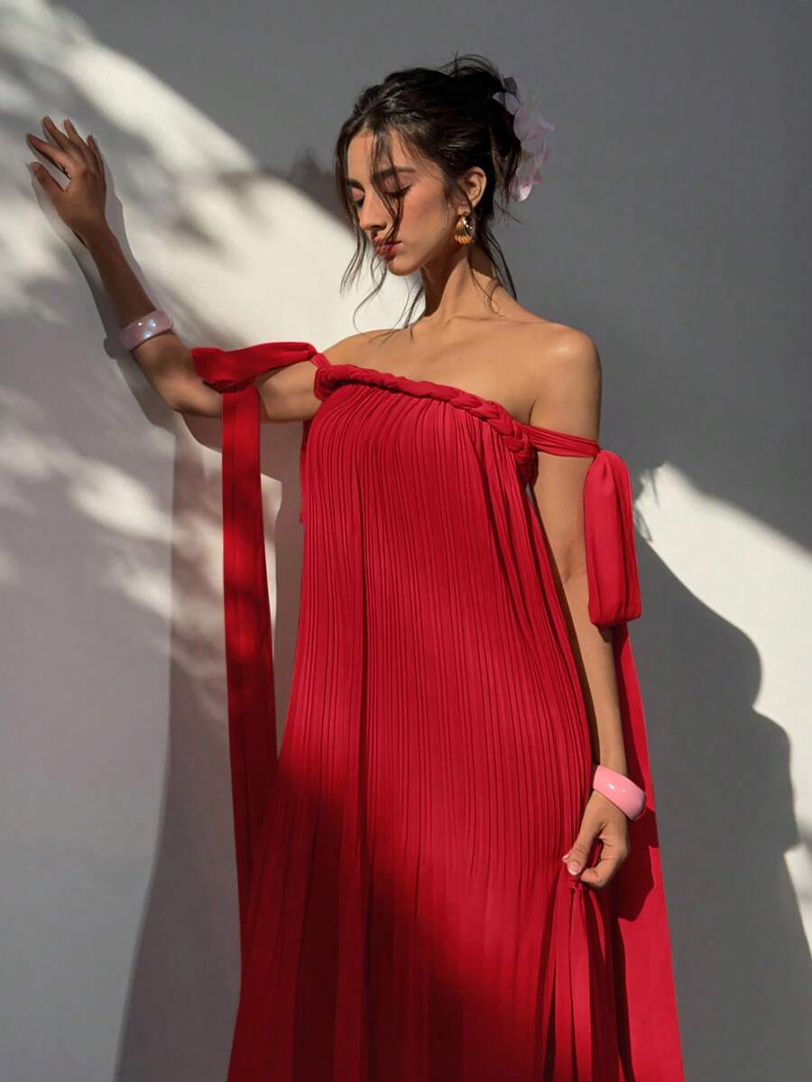 Aloruh Vestido maxi holgado de gasa plisada con hombros descubiertos y lazo de cuerda, estilo de diosa rosa, primavera/verano - Rojo - Ver 1