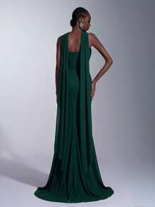 Elitara Elegante vestido de noche formal minimalista y lujoso con malla de alta elasticidad, sin tirantes, asimétrico, fruncido, glamoroso con cristales de Rhinestone 3D, con volantes de sirena drapeados (sin tirantes desmontables) - Verde Oscuro - Ver 2