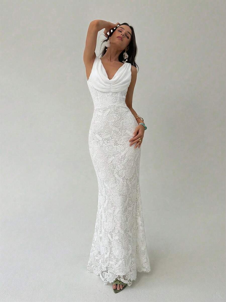Aloruh Đầm maxi đuôi cá màu trắng thanh lịch, gợi cảm, hở lưng, chất liệu ren, thích hợp cho tiệc tùng, mùa xuân/hè. - trắng - Xem 1