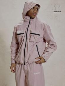 Musero Oversized Nylon Zip Through Funnel Neck Hood Jacket Large Cargo Style Pockets Tracksuit Co Ord Top Only Winter Essentials - Dusty Pink - View 1