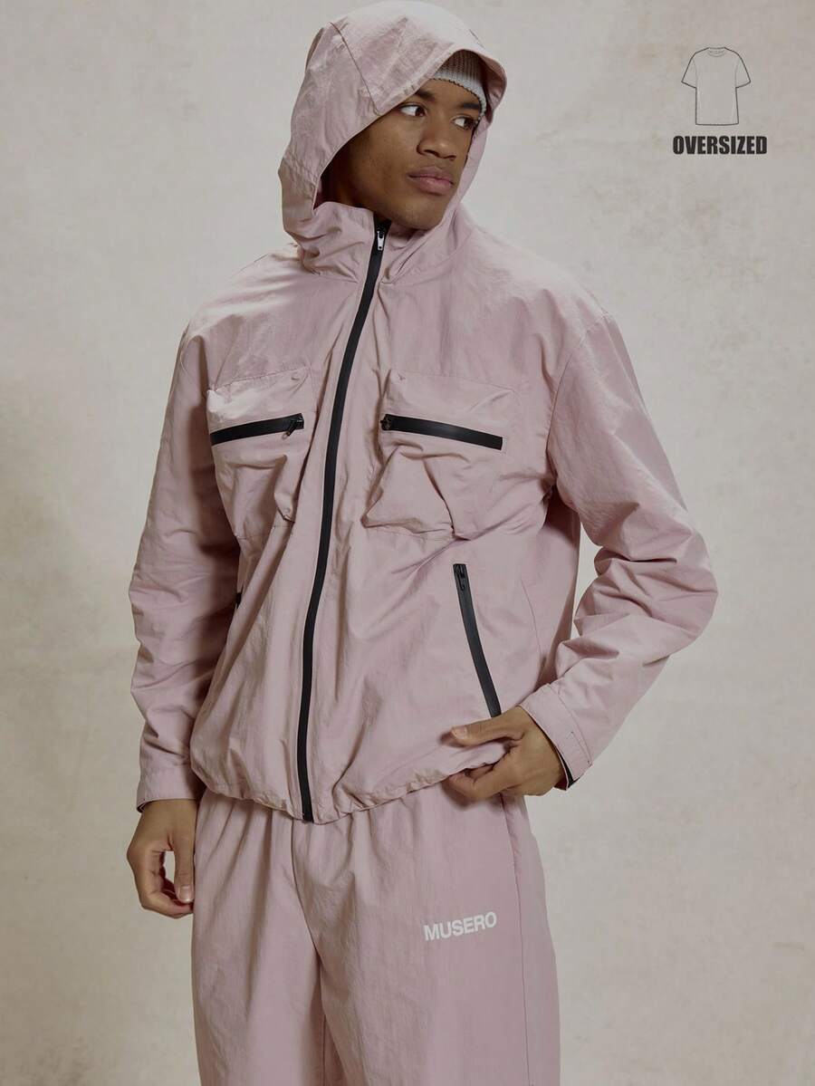 Musero Oversized Nylon Zip Through Funnel Neck Hood Jacket Large Cargo Style Pockets Tracksuit Co Ord Top Only Winter Essentials - Dusty Pink - View 1