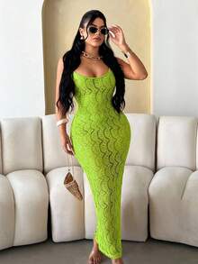 SHEIN SXY Women's Solid Color Hollow Out Bodycon Slip Dress ,Summer Neon Green Sets Woman Lime Women - Green - View 6