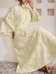 SHEIN Najma Đầm Ả Rập nữ tay lửng 3/4 cổ vuông, ren tua rua, dáng xòe - Màu vàng - Xem 4