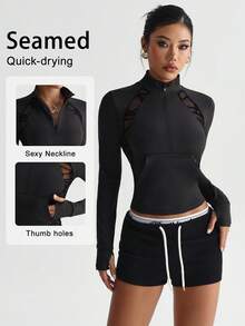 SHEIN Dewbera Women's Patchwork Geometric Mesh Long Sleeve Zipper Partial Placket Sporty Sweatshirt - Black - View 1