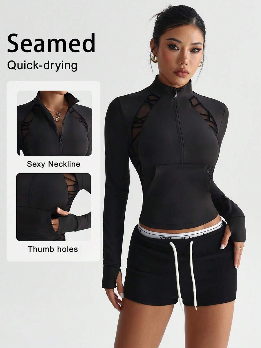 SHEIN Dewbera Women's Patchwork Geometric Mesh Long Sleeve Zipper Partial Placket Sporty Sweatshirt - Black - View 1