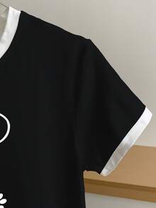 Resyla Camiseta de mujer de manga corta con cuello redondo y estampado gráfico de bloques de color - Negro - Ver 4