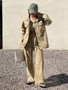 DAZY Women's Casual Denim Jacket And Pants Set, Autumn/Winter - Khaki - View 3