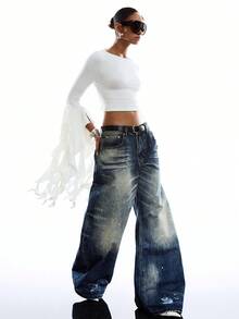 LYSMO Áo thun lửng nữ màu trơn có bèo nhún và dây buộc ở gấu áo - trắng - Xem 4