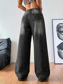 SHEIN PETITE Women's Thick Denim Wide Leg Pants With Oblique Placket, Blue - Black - View 2