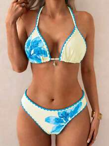 Swim Vcay Bộ bikini 2 mảnh dành cho nữ, kiểu buộc dây cổ, họa tiết hoa, bộ đồ bơi thời trang thường ngày cho kỳ nghỉ. - Nhiều màu - Xem 3