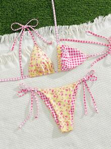 Swim Mod 女士沙滩音乐节花卉格子印花可爱打结细肩带丁字比基尼 - 彩色 - 查看 5
