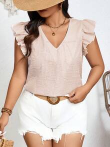 SHEIN Frenchy Plus Striped Tie Back Ruffle Trim Blouse,White Sequence,Summer,Boho,Vacation,Holiday,Single Breasted Backless Button Down Shirt Casual Office Wear - Coffee Brown - View 2