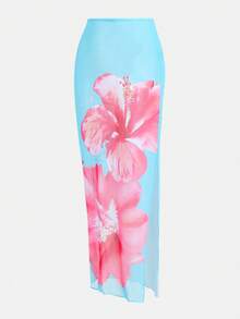 少女印花比基尼套装，挂脖比基尼上衣和裙子三件套，适合海滩度假 - 藍色 - 查看 5