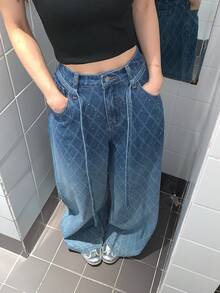 DAZY 女士格子水钻做旧系带休闲牛仔裤 - 藍色 - 查看 5