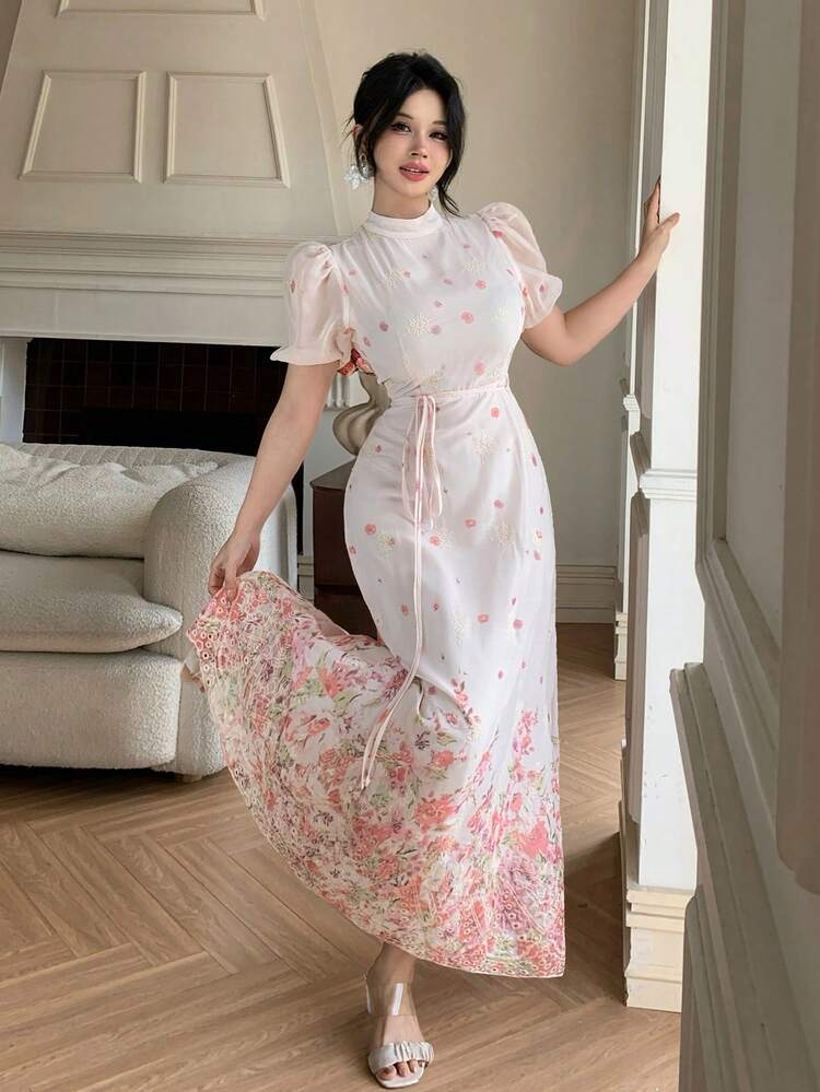 Spring & Summer Ditsy Floral Lace Dress, Pink, Suitable For Valentine's Day, Wedding, Party, Formal Occasion, Fashion, Elegant, Waist-Cinched, Flared Skirt, Long Sleeve, Mid-Length Dress For Women Sundress