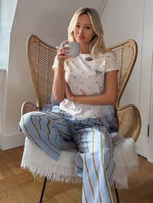 DAZY 动物波点印花上衣和条纹宽松睡裤女士睡衣套装 - 白色 - 查看 3