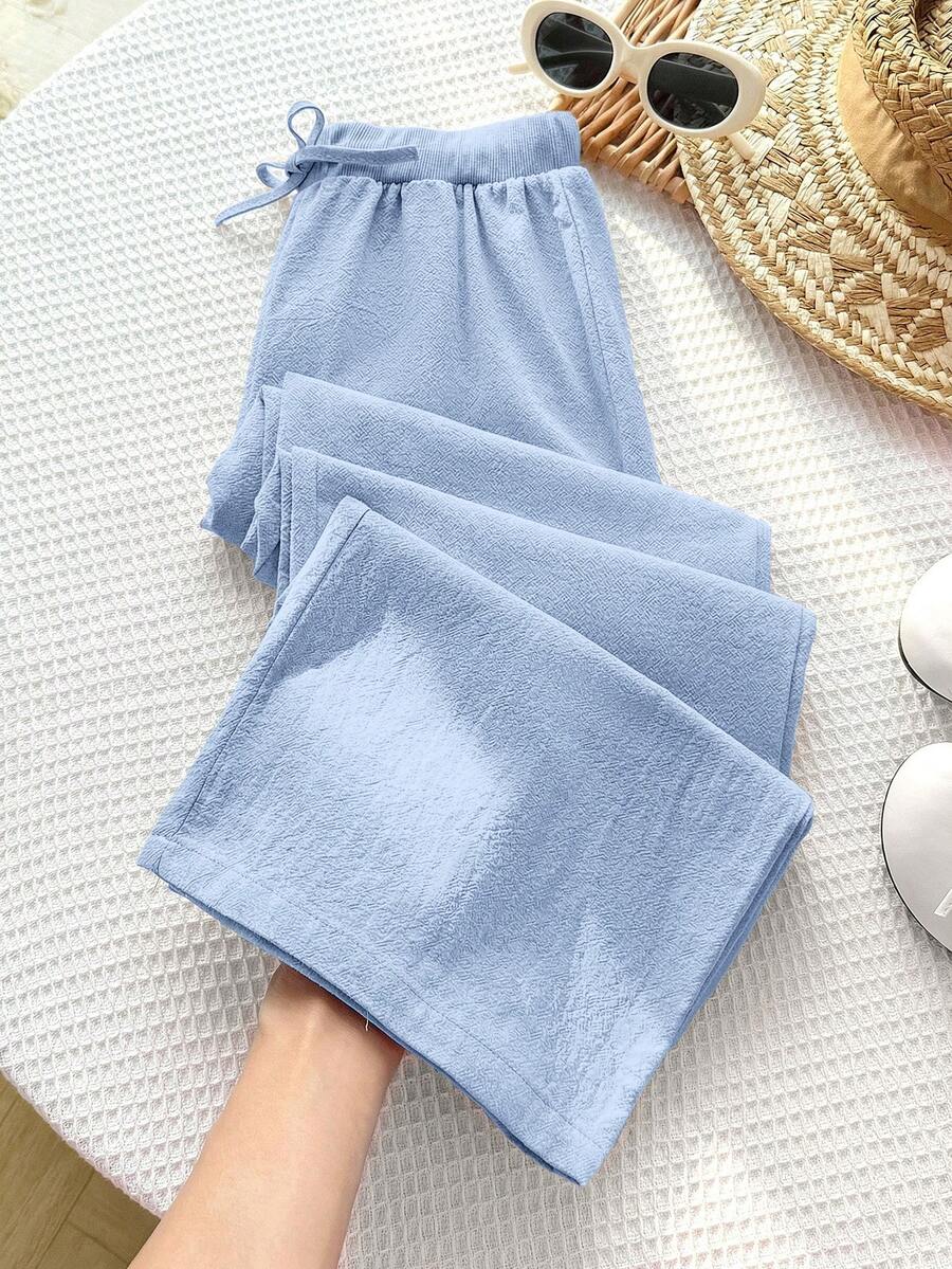 SHEIN Tween Girls' Casual Comfortable Mid-Rise Straight Leg Pants, Versatile - Dusty Blue - View 1