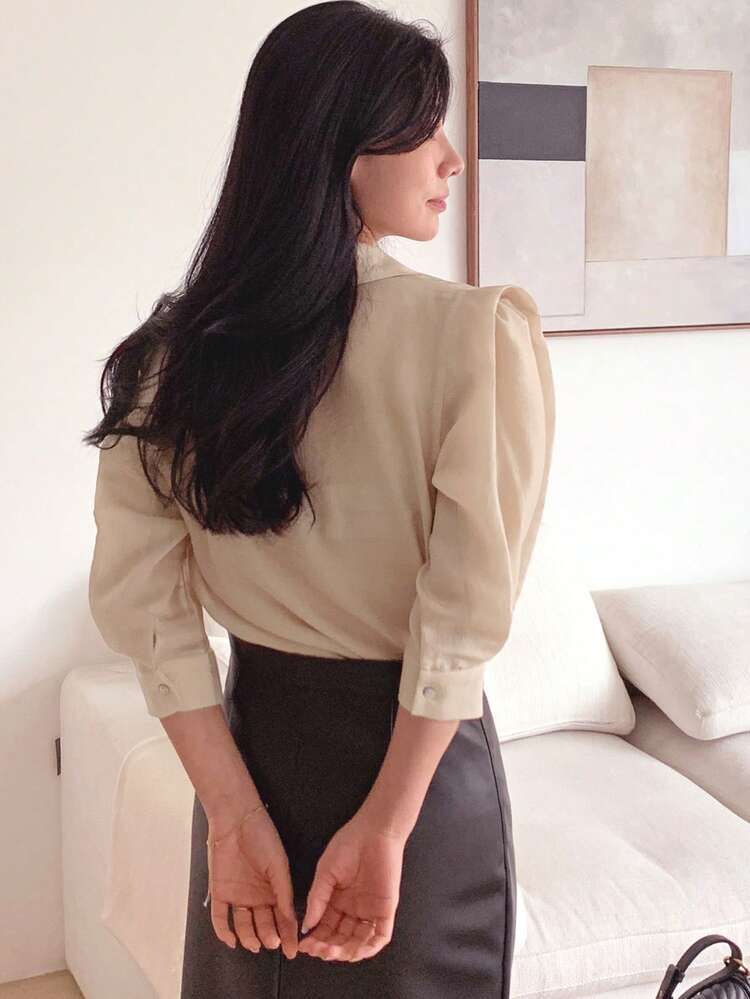 Women's Collared Semi-Sheer Half Sleeve Fitted Blouse