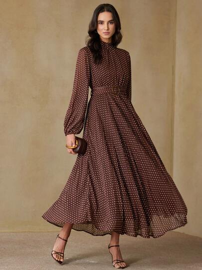Aveloria Rosie Vintage French Polka Dot Cinched Waist Stylish Design Casual Midi Dress