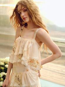 MOTF PREMIUM WOMEN'S FLORAL PRINT RUFFLED LAYERED ROMANTIC SPAGHETTI STRAP DRESS, SPRING/SUMMER - Apricot - View 5