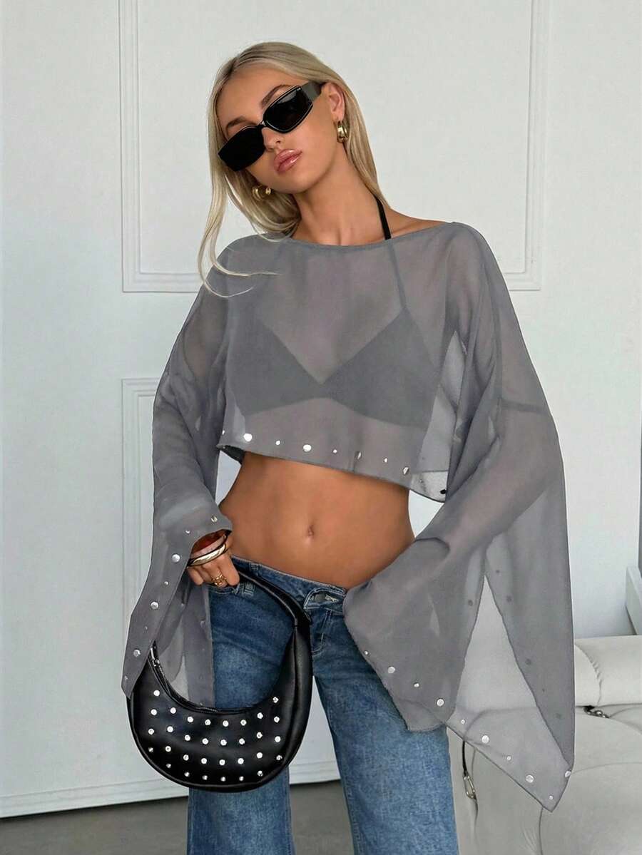 SHEIN EZwear 春夏新款灰色雪纺罩衫，女士透视长袖上衣，灰色上衣，透视上衣，喇叭袖露脐上衣，透视上衣，透视长袖上衣，透视上衣，夏季上衣，女士露脐上衣，女士上衣，女士透视长袖上衣，女士休闲上衣 - 灰色 - 查看 1