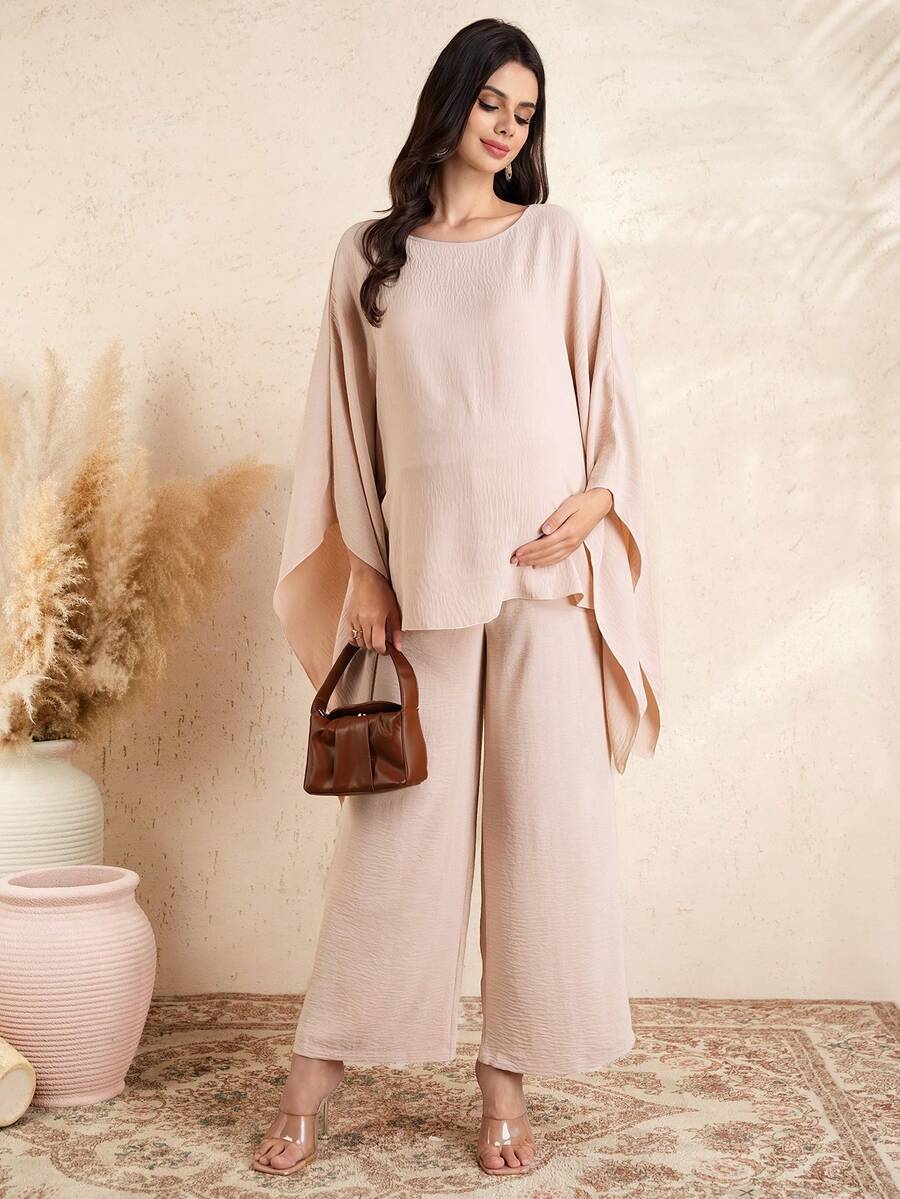 Momance 2pcs Maternity Bat Wing Long Sleeve Boat Neck A-Line Top And Drawstring Waist Straight Leg Pants Set - Khaki - View 1