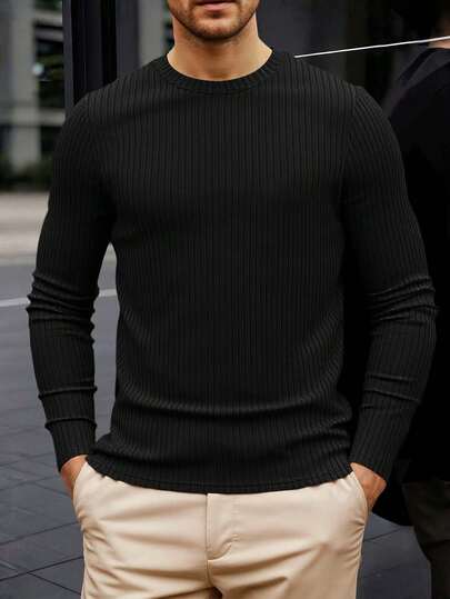 Manfinity Sport Corelite Men's Casual Solid Color Ribbed Knit Sweater, Versatile For Autumn/Winter