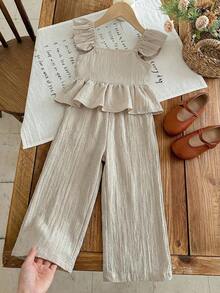 LMoss Kids 2pcs Young Girl Set: Woven Collared Ruffle Trim Blouse And Woven Loose Fit Pants - Apricot - View 8