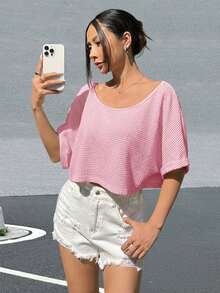 SHEIN EZwear 浅粉色不对称领口短袖T恤 - 淺粉色 - 查看 3