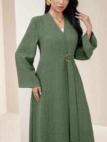 Veilorie Women's Solid Color Long Sleeve Crossover Wrap Simple Arabic Abaya - Green - View 3