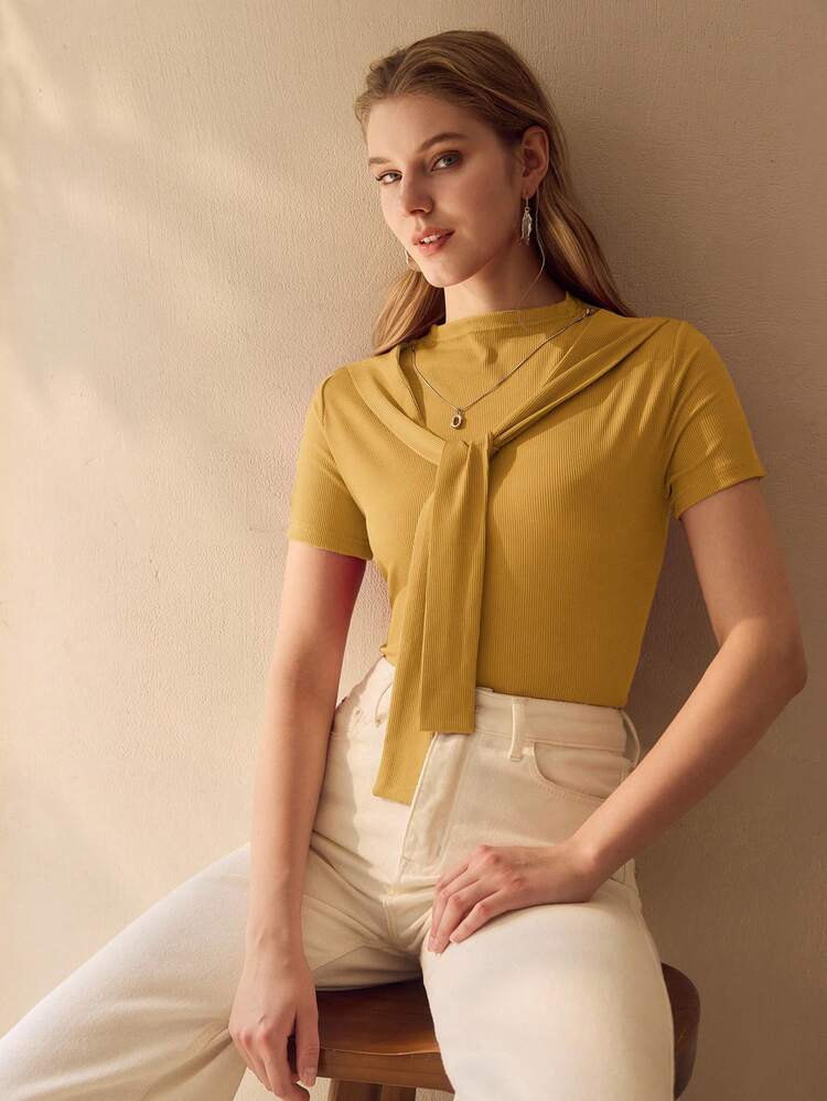 WOMEN'S CASUAL RIBBED KNIT TWIST FRONT SHORT SLEEVE FITTED T-SHIRT, SOLID COLOR, SUITABLE FOR DAILY COMMUTE, SUMMER