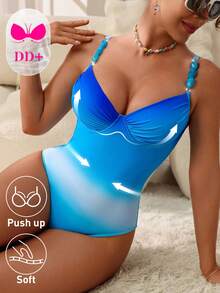 Swim DD+ 1件装女士性感加厚钢圈DD+罩杯渐变印花+蓝色宝石树脂串珠肩带连体泳衣，春夏款 - 藍色 - 查看 4