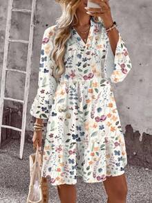 EMERY ROSE Casual Simple Small V-Neck Three-Quarter Sleeve Retro Floral Print Floral Pattern Women's Short Skirt, Suitable For Autumn And Winter Chic Dress - Multicolor - View 3